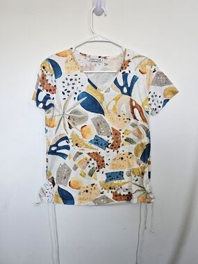 COCO Y CLUB Abstract Tropical Print V-Neck Top Side Cinch Ruched Tie Medium🔥